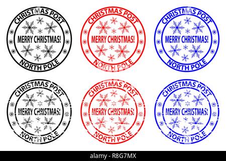 Frohe Weihnachten, Weihnachten Post - Nordpol - Stempel - Aufkleber - Vektor - Schwarz, Rot, Blau, Stock Vektor