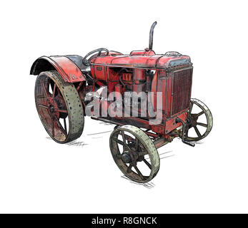 Cartoon oder Comic Stil Abbildung: Alte oder Vintage Rot Traktor Stockfoto