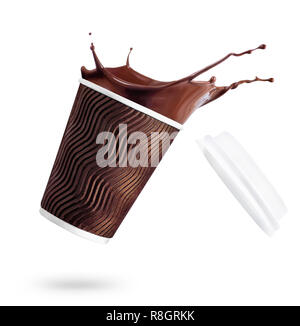 Das verfügbare Papier Tasse Schokolade oder Kakao verschütten auf weißem Hintergrund Stockfoto