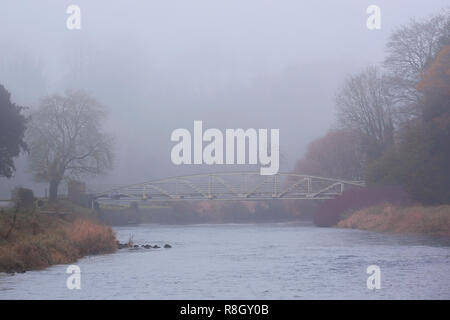 Brücke über den Fluss Suir am frühen Morgen Nebel bei Cahir Park, Cahir, Tipperary, Irland Stockfoto
