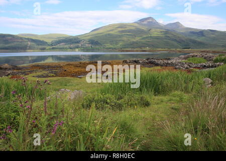 Blick über Loch Scridain, Isle of Mull, Schottland, im Sommer, von der Straße genommen, die zu Fionnphort. Stockfoto