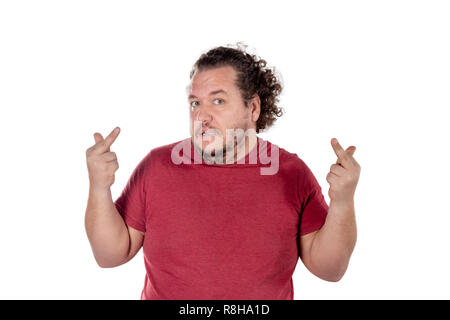 Fett glücklicher Mann zeigt Finger Stockfoto