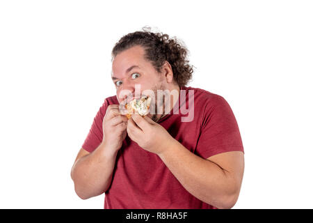 Funny fat man Essen hamburger. Fast food, unhealty Essen Stockfoto