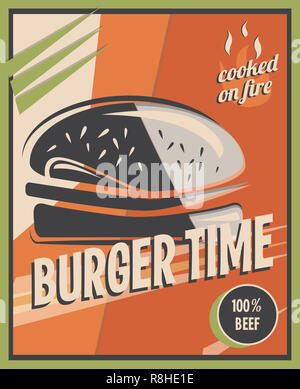 Retro Poster mit Burger mit Rindfleisch. Restaurant Konzept und Design. Vintage Style Hintergrund. Abbildung. Stockfoto