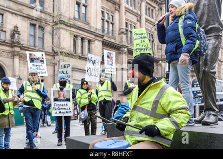 Nottingham, UK. 15. Dezember 2018. Gelbe weste Demonstranten versammeln sich Speakers' Corner ein Copycat Gilets Jaunes in Nottingham, der Aktivist ruft für ein Ende der Sparmaßnahmen. Credit: Ian Francis/Alamy leben Nachrichten Stockfoto