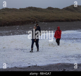 Rote Litze, Rosscarbery, West Cork, Irland, 15. Dezember 2018. Sturm Deirdre gab Strand Spaziergänger eine Decke von Luftblasen und Schaum durch zu gehen, peitschte der Welle tops durch die starken Winde, mit Böen bis zu 100 km/h. Credit: aphperspective/Alamy leben Nachrichten Stockfoto