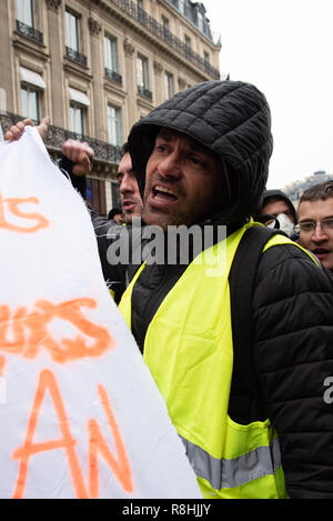 Paris, Frankreich, 15. Dezember, 2018. Demonstrant hinter einem Transparent vor Polizisten. Rund 2.000 Demonstranten in gelben Westen ('Gilets Jaunes') demonstrierten in Paris gegen Steuererhöhungen und Kaufkraft Verluste für den fünften Samstag in einer Reihe. Credit: Christelle Chanut/Alamy leben Nachrichten Stockfoto