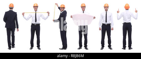 Panorama Foto Collage von qualifizierten Architekten isoliert auf weißem Stockfoto