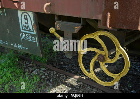 Stillgelegte Eisenbahn Reisebusse, Motoren und Lager in der ehemaligen Artigas Hauptbahnhof in Montevideo, Uruguay, Südamerika Stockfoto