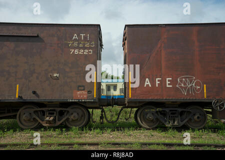 Stillgelegte Eisenbahn Reisebusse, Motoren und Lager in der ehemaligen Artigas Hauptbahnhof in Montevideo, Uruguay, Südamerika Stockfoto