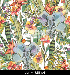 Aquarell Dschungel nahtlose Muster, Natürliche exotische tropische Abbildung mit Blüten der Orchideen, monstera, Palm, Liana und Elefant auf weißem backgrou Stockfoto