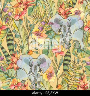 Aquarell Dschungel nahtlose Muster, Natürliche exotische tropische Abbildung mit Blüten der Orchideen, monstera, Palm, Liana und Elefant auf Gelb backgro Stockfoto