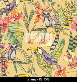 Aquarell Dschungel Illustration, Natürliche exotische tropische nahtlose Muster mit Blumen von Orchideen, monstera, Palm, Liana, Lemuren und toucan auf Gelb ba Stockfoto