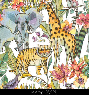 Aquarell Dschungel nahtlose Muster, Natürliche exotische tropische Textur mit Blüten der Orchideen, monstera, Palm, Liana, Elefanten, Tiger, Giraffe, lemur Ein Stockfoto