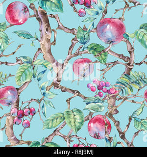 Aquarell Sommer vintage floral nahtlose Muster mit Zweigen von Apfelbäumen und Äpfel Obst, botanischen Abbildung auf blauem Hintergrund Stockfoto
