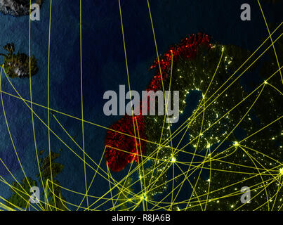 Norwegen von Speicherplatz auf dem Modell des Planeten Erde mit Netzwerken. Detaillierte Planeten Oberfläche mit den Lichtern der Stadt. 3D-Darstellung. Elemente dieses Bild eingerichtet Stockfoto
