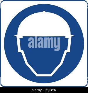 Sicherheit anmelden. Informationen obligatorische Symbol in blauer Kreis auf weißem isoliert. Bekanntmachung label. Dies ist ein Schutzhelm Bereich Schutzhelme getragen werden muss. Stock Vektor