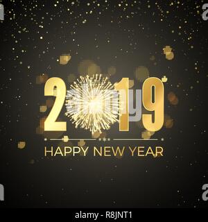 Frohes Neues Jahr 2019. Neue Jahre Fahne mit goldenen Zahlen und Feuerwerk. Grußkarte text Design. Vector Illustration Stock Vektor