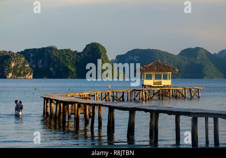 Vietnam, Ha Long Bay als Weltkulturerbe von der UNESCO, Van Don Insel, Holz Pontoon Stockfoto
