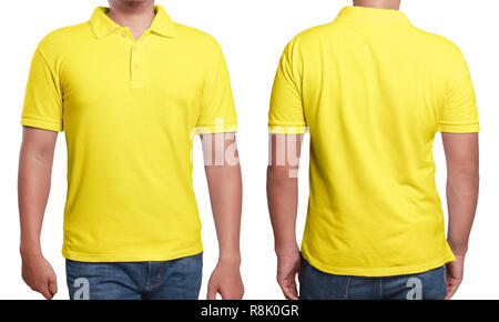 Gelbe Polo t-shirt Mock up, Vorder- und Rückseite, isoliert. Männliches Modell tragen Plain gelb Shirt mockup. Polo shirt design Vorlage. Leer T-Stücke Stockfoto