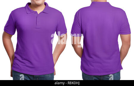 Purple Polo t-shirt Mock up, Vorder- und Rückseite, isoliert. Männliches Modell tragen Schlichte lila Shirt mockup. Polo shirt design Vorlage. Leer T-Stück Stockfoto