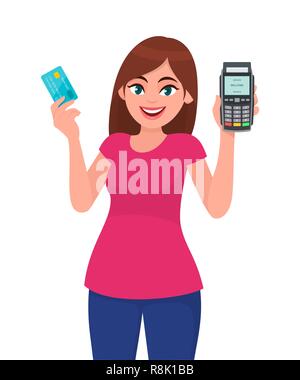 Junge Frau mit pos-Payment Terminal und Karte. Mädchen mit Kredit-/Debitkarten Maschine wischen. Wireless moderne Bank Zahlung. Wirtschaft und Finanzierung Stock Vektor