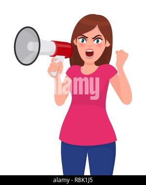 Wütende Frau hält ein Megaphon/Lautsprecher, die Faust und schreien oder schreien laut, während die Augen weit geöffnet. Megafon und Lautsprecher Konzept Stock Vektor