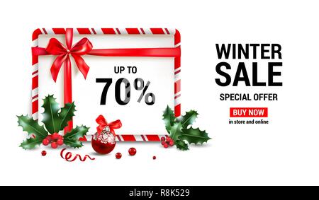 Weihnachten Verkauf Design für Banner, Ticket, Merkblatt, Karte, Einladung, Plakat und so weiter. Urlaub Rahmen mit Tannenbaum und festliche Dekorationen Kugeln und Holly auf weißem Hintergrund. Stock Vektor
