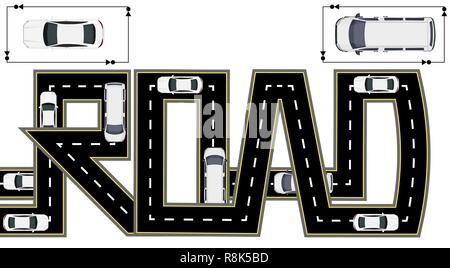Straße. Autobahn stilisierte Inschrift. Lkw und Pkw. Isolierte Abbildung Stock Vektor