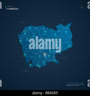 Vektor Kambodscha Karte Abbildung mit blauen Neon lightpoints-Dreieck auf dunkelblauem Hintergrund Farbverlauf. Administrative Divisions Stock Vektor