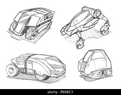 Bleistift Konzept Kunst Zeichnung der Satz von futuristischen Sci-Fi-Automotive Car Designs Stockfoto