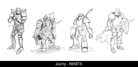 Satz von Bleistift oder Tinte Zeichnungen von verschiedenen Fantasy Warrior Zeichen Stockfoto