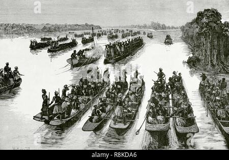 Afrika Zentrale. Combate naval más Abajo de La Confluencia de los Ríos Aruvimi y Livingstone (tatsächliche República Democrática del Congo). Grabado. Afrika Inexplorada, El Continente Misterioso por Henry Morton Stanley, h. 1887. Biblioteca Histórico Militar de Barcelona, Cataluña, Spanien. Stockfoto