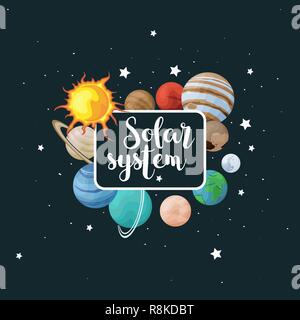 Vector clip art des Sonnensystems. Kinder Poster mit Planeten im Weltraum Hintergrund. Universum Textur für Grußkarten, Einladungen Stock Vektor