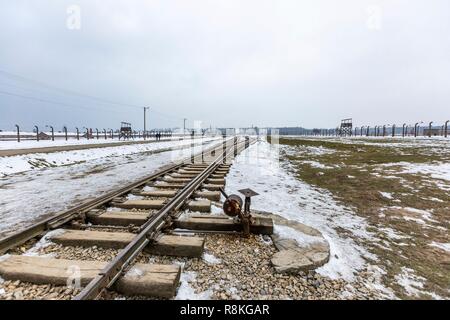 Polen, Auschwitz, Birkenau, deutscher NS-Konzentrations- und Vernichtungslager (1940-1945), Eisenbahnschienen im Lager, auf jeder Seite die Wachtürme und Stacheldraht und kasernen unter dem Schnee Stockfoto