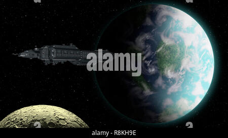 Raumschiff nähert sich einem irdischen Planeten - 3D-Rendering Stockfoto