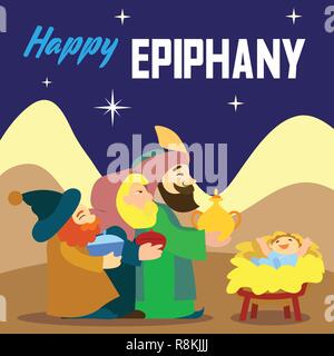 Happy Epiphanie drei König Konzept Hintergrund. Cartoon Illustration von Happy Epiphanie drei König vektor Konzept Hintergrund für Web Design Stock Vektor