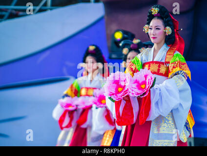 Koreanische Volkstänzer treten auf dem Maskdance-Festival in Andong Südkorea auf Stockfoto