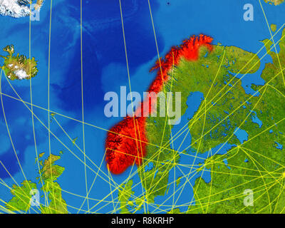 Norwegen von Speicherplatz auf dem Modell des Planeten Erde mit Netzwerken. Detaillierte Planeten Oberfläche mit den Lichtern der Stadt. 3D-Darstellung. Elemente dieses Bild eingerichtet Stockfoto