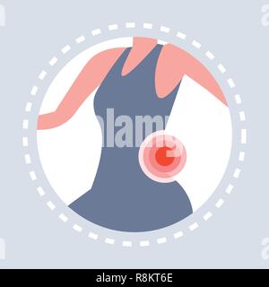Verletzung zurück Gefühl Gelenkschmerzen womans Körper Symbol schmerzlichen Bereich in rot Healthcare Medical Service logo Medizin und Gesundheit Symbol Konzept hervorgehoben, flach Stock Vektor