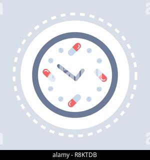 Pillen Medikament Symbol Uhr Healthcare Medical Service logo Medizin und Gesundheit Symbol Konzept flach Stock Vektor
