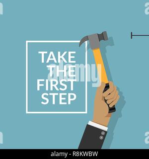 Mann mit dem Hammer und Nagel an der Wand auf blauem Hintergrund mit Text isoliert machen Sie den ersten Schritt. do it yourself Home Reparatur durch den Menschen Konzept. Vektor krank Stock Vektor