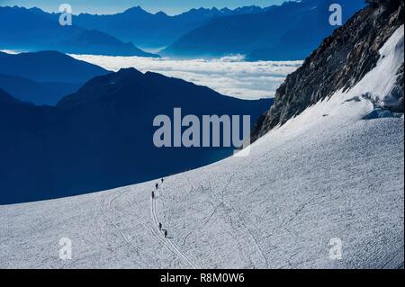 Frankreich, Haute-Savoie, Chamonix-Mont-Blanc und Courmayeur, Italien, Alpinisten zu Fuß auf Glacier du Géant, zwischen l'Aiguille du Midi und die Pointe Helbronner auf der italienischen Seite des Mont Blanc Stockfoto