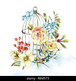 Cute Aquarell natürlichen Blumen Grußkarte mit der Weißen Rose, Wildblumen, Beeren, Blätter und Cage, isolierte vintage Abbildung Stockfoto