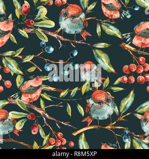 Cute Aquarell natürlichen Blumen nahtlose Muster mit Vögeln, Baum, Zweige, Beeren und Blätter, vintage Abbildung auf schwarzem Hintergrund Stockfoto