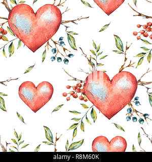 Valentines Tag Aquarell natürliche nahtlose Muster mit Baum Zweig, Herzen, Beeren und Blätter, vintage Abbildung auf weißem Hintergrund Stockfoto
