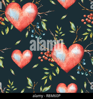 Valentines Tag Aquarell natürliche nahtlose Muster mit Baum Zweig, Herzen, Beeren und Blätter, vintage Abbildung auf schwarzem Hintergrund Stockfoto