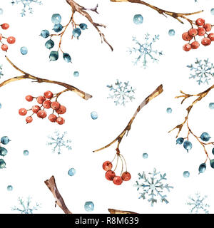 Winter Aquarell natürliche nahtlose Muster mit Schneeflocken, Niederlassungen und Beeren, vintage Abbildung auf weißem Hintergrund Stockfoto