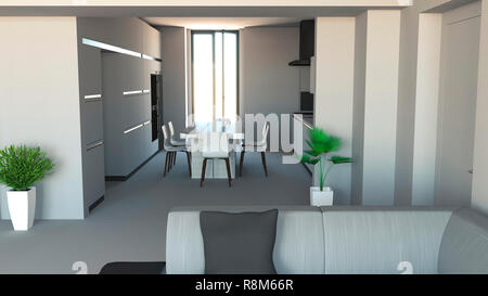 Küche Möbel, Interior Design. Möbel und Geräte. Eingang und offenen Raum mit Blick auf eine Küche. Offener Raum Stockfoto