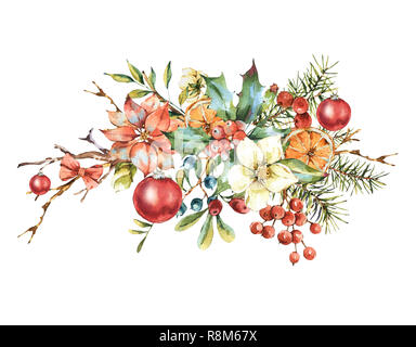 Aquarell Vintage Blumen Grußkarte, Neues Jahr Dekoration mit Weihnachtsstern, Kiefer Zweige, Holly, Weihnachtskugeln, Beeren, weißen Blüten. Botanische Stockfoto